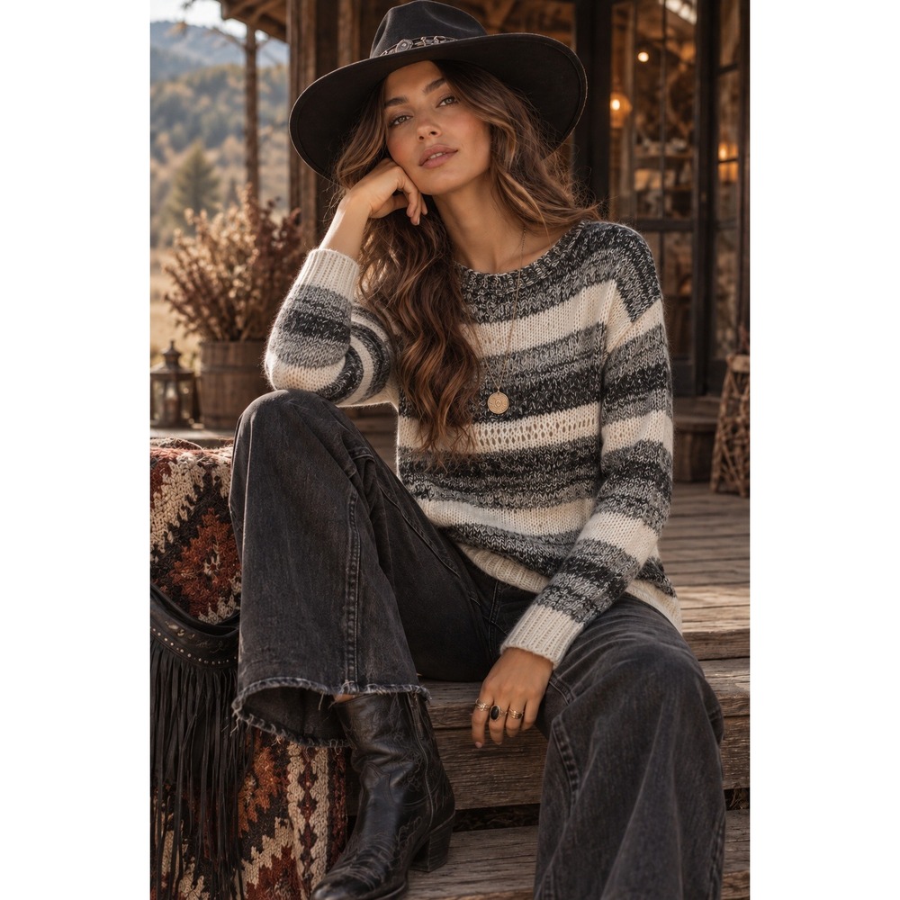 Cynthia Rowley Mohair Wool Blend Striped Sweater Black Cream Indie Cozy Luxury M